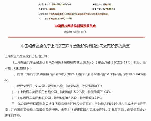 监管批复！上汽集团入主东正金融持股71.04%