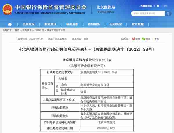 北银消费金融因互联网贷款业务所涉问题等被罚80万，被指对合作方管理不到位，曾合作多家助贷平台